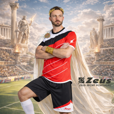 Homem com equipamento desportivo Zeus em estádio com estátuas clássicas e público