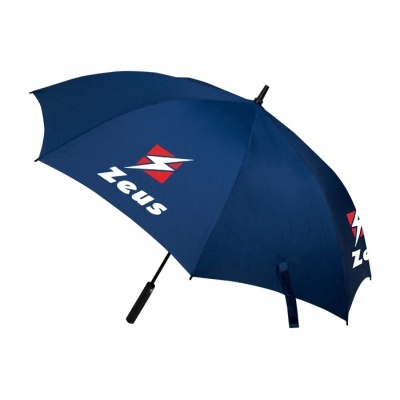 Guarda-chuva azul com logotipo Zeus vermelho e branco