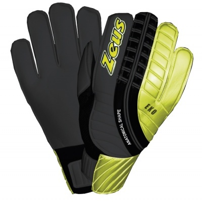 luvas de guarda-redes preto e amarelo com texto Zeus e EKO