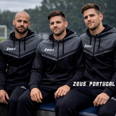 Três homens com fatos de treino Zeus pretos e cinza sentados ao ar livre