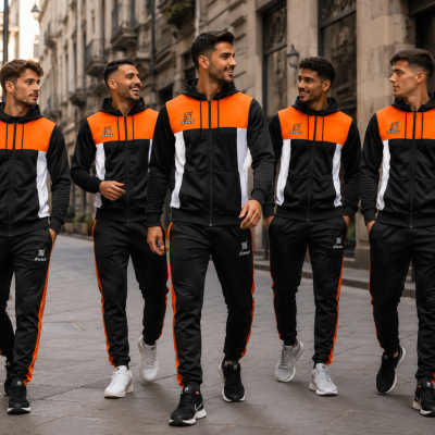 Cinco homens com fatos de treino pretos, laranja e branco com logotipo ZEUS numa rua de cidade antiga.