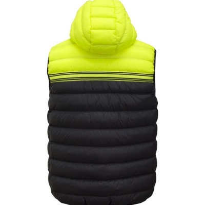 Colete acolchoado preto e amarelo com capuz e riscas horizontais