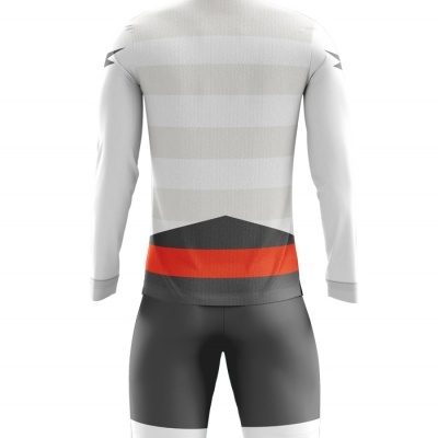 Conjunto desportivo branco, preto e vermelho vista traseira