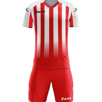 Equipamento desportivo vermelho e branco com riscas verticais e marca Zeus