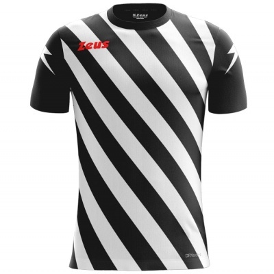 T-shirt preta e branca com riscas diagonais e logótipo vermelho 'zeus'