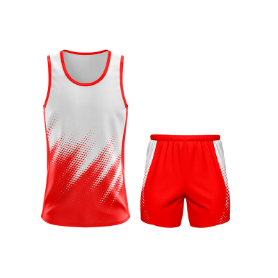Conjunto desportivo vermelho e branco com camisola de alças e calções
