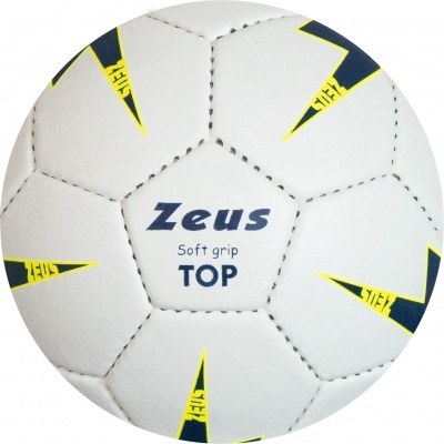 Bola de futebol branca com detalhes amarelos e azuis e texto Zeus Soft grip TOP