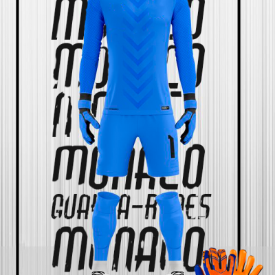 Equipamento guarda-redes azul com luvas bicolor ao lado e texto MONACO no fundo