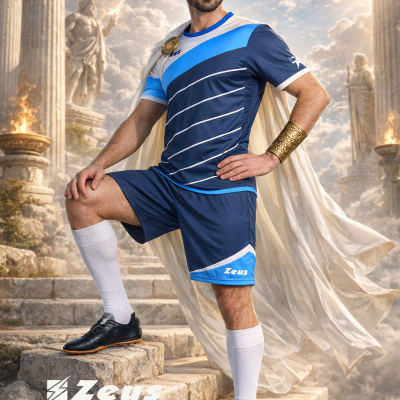 Homem com equipamento desportivo azul e branco Zeus com capa e coroa dourada em cenário clássico antigo