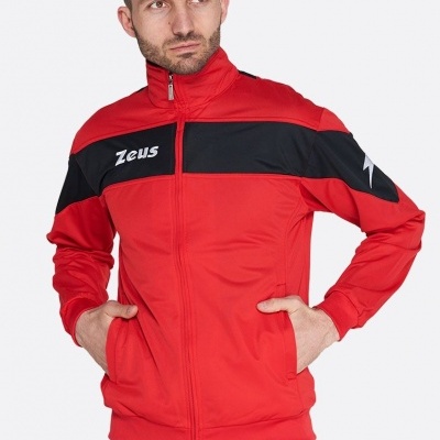 casaco desportivo vermelho com faixa preta e logótipo Zeus