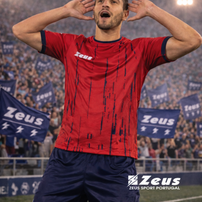 Jogador de futebol com t-shirt vermelha e calções azuis escuros com logótipos Zeus em estádio com público e bandeiras Zeus azuis