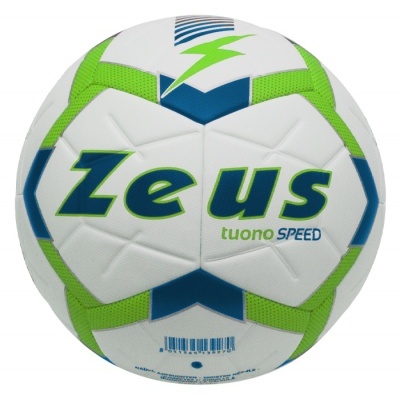 bola de futebol branca com detalhes verdes e azuis e texto Zeus tuono SPEED
