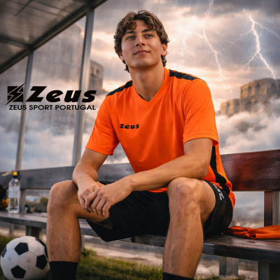Homem sentado no banco de futebol com t-shirt laranja Zeus e bola.