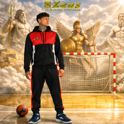 Conjunto desportivo masculino preto, vermelho e branco com ténis azuis, bola de futsal e rede em fundo com estátuas e logo Zeus Sport Portugal