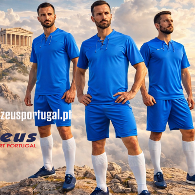 Três homens em equipamento desportivo azul com meias brancas em cenário rochoso com templo clássico e logótipo Zeus Sport Portugal