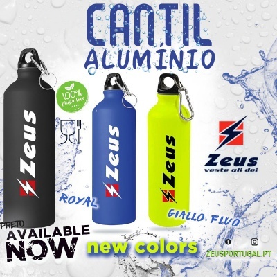 Três cantis de alumínio coloridos preto, azul e amarelo fluorescente com logo Zeus e fundo com gotas de água.