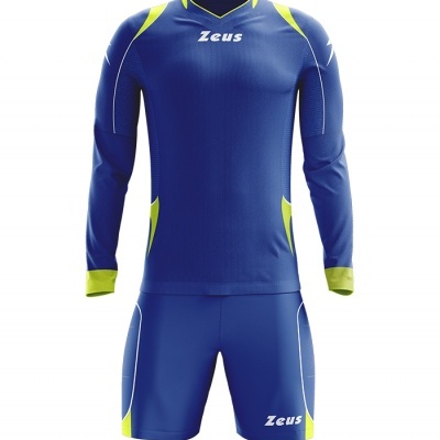 Conjunto desportivo azul e amarelo com logo Zeus