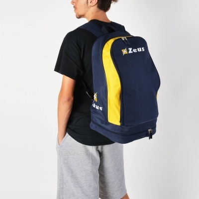 Mochila azul escura e amarelo com logótipo Zeus em tecido