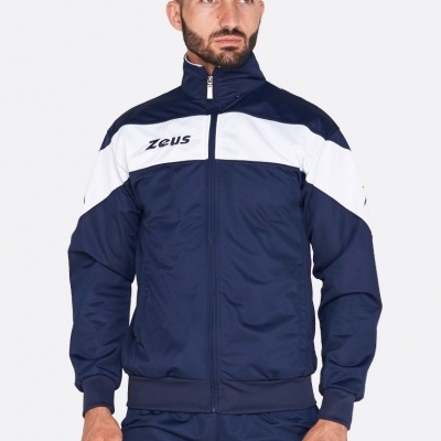 Fato de treino azul escuro com faixa branca e logo zeus