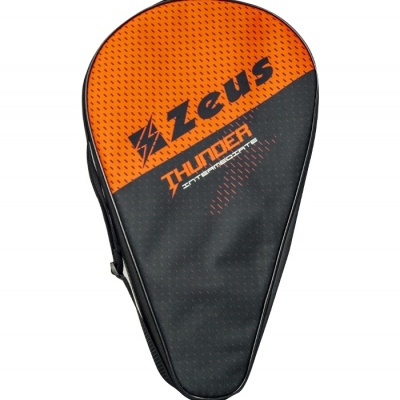Capa para raquete de ténis de mesa laranja e preta com texto Zeus Thunder