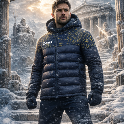 Homem com casaco acolchoado azul escuro Zeus em cenário nevado com estátuas clássicas.