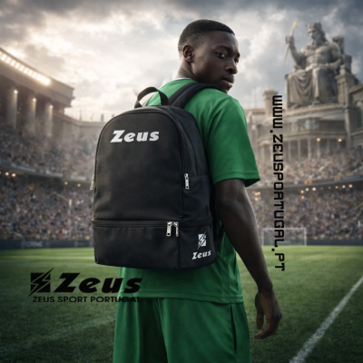 Mochila preta com logotipo Zeus usada numa pessoa em campo de futebol