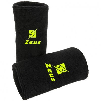 Punhos de tecido preto com logótipo Zeus em amarelo