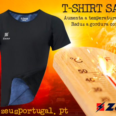T-shirt preta Zeus com interior azul e texto sobre os seus efeitos.