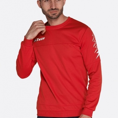 Sweatshirt vermelha com padrão branco e texto Zeus