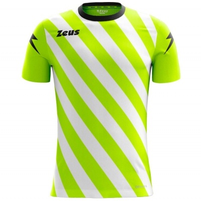 Camisola desportiva branca e verde com padrão diagonal e gola preta