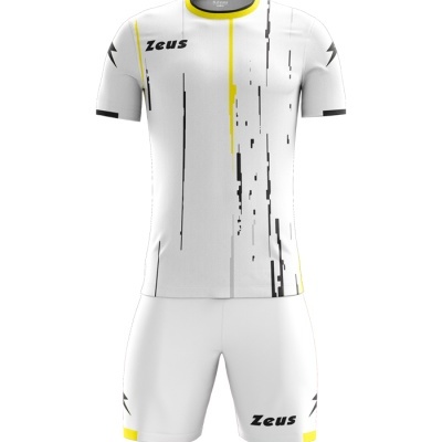 Conjunto desportivo branco com detalhes pretos e amarelos, com logo Zeus