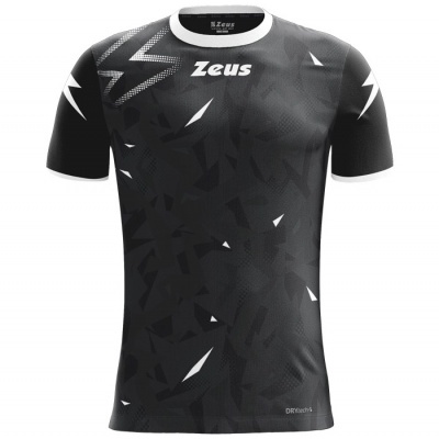 Camisola desportiva preta com padrão geométrico e detalhes brancos