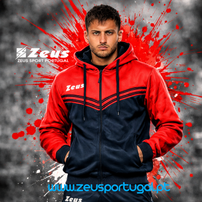 Casaco desportivo vermelho e azul da marca Zeus com capuz e fecho