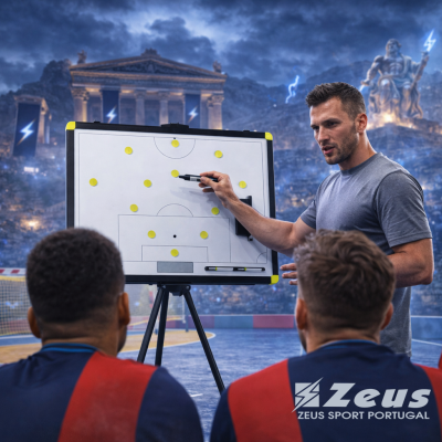 Quandro tático de futebol com treinador e jogadores numa quadra desportiva