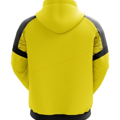 Camisola com capuz amarela e preta vista de costas