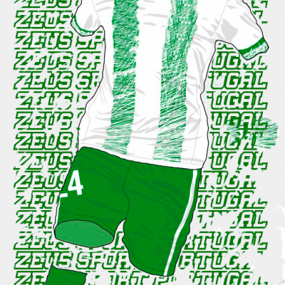 Conjunto desportivo com camisola branca e verde e calções verdes com número 4