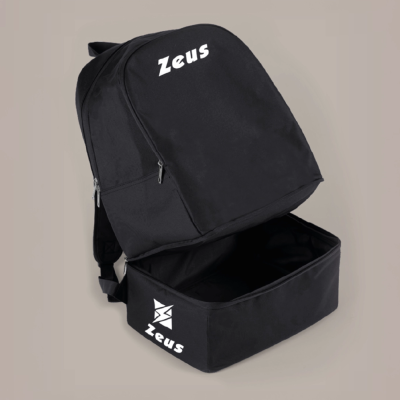 Mochila preta têxtil com zíper e logótipo Zeus branco