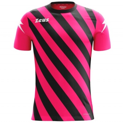 Camisola desportiva rosa e preta com riscas diagonais e logo Zeus