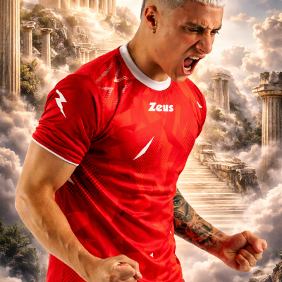 Homem a usar camisola vermelha desportiva Zeus com fundo de templo grego.