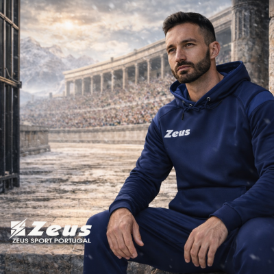 Homem sentado com roupa desportiva azul escura com capuz e logótipo Zeus em arena de pedra antiga