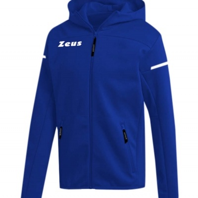 Casaco desportivo azul com capuz e texto Zeus
