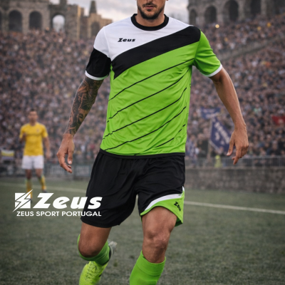 Jogador de futebol em campo com equipamento verde, preto e branco e bola preta e branca.