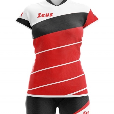 Conjunto desportivo feminino branco, preto e vermelho com a palavra Zeus