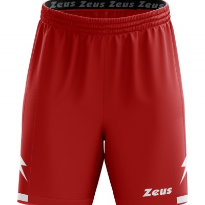 Calções desportivos vermelhos com detalhes brancos e texto Zeus na cintura e num dos lados.