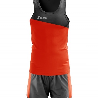 Conjunto desportivo camisola regata preta e vermelha e calções cinza com riscas vermelhas Zeus