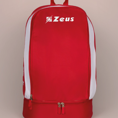 Mochila vermelha e branca com logo Zeus