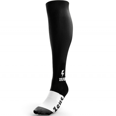 Meia esportiva preta e branca com texto ZEUS e símbolo de raio