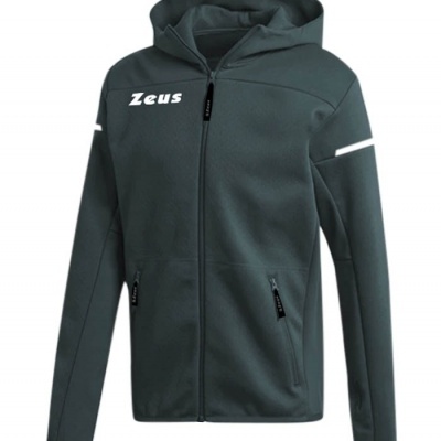 Casaco desportivo cinzento com capuz e fecho com o texto 'Zeus'
