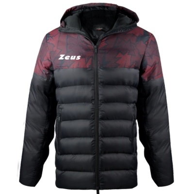 Casaco com capuz bicolor vermelho e preto acolchoado com texto Zeus
