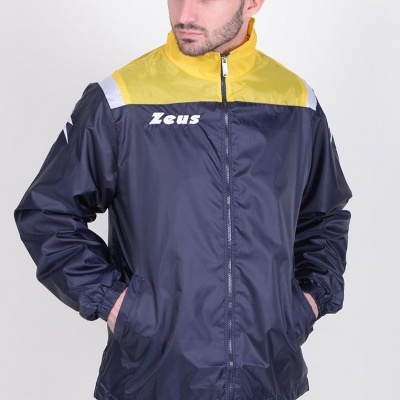 casaco desportivo azul escuro e amarelo com fecho à frente e gola alta